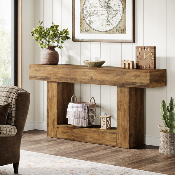63-Inch Farmhouse Console Table with U-Shaped Base & Lower Shelf