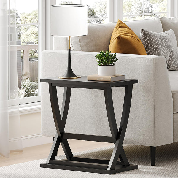 Black End Tables Set of 2 with X-Leg Design & Storage Shelf