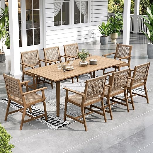 9-Piece Outdoor Dining Set – Rattan Chairs & Acacia Wood Table