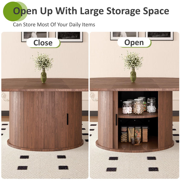 63 Inch Extendable Round Dining Table with 2-Tier Storage Shelf for 2-4-6