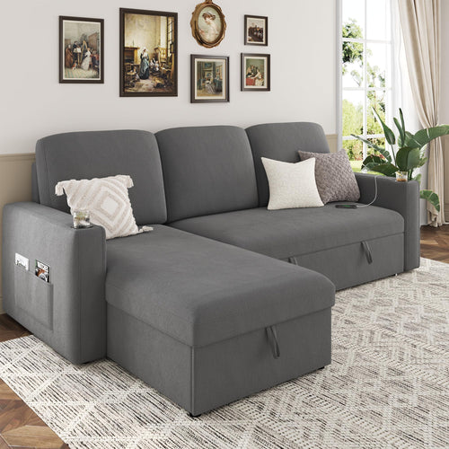 Sectional Sleeper Sofa Bed with Storage Chaise & Charging Station