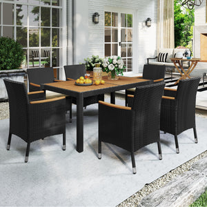 7-Piece Outdoor Rattan Dining Set with Acacia Wood Table & Cushioned Chairs