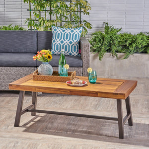 Outdoor Acacia Wood Coffee Table with Metal Frame