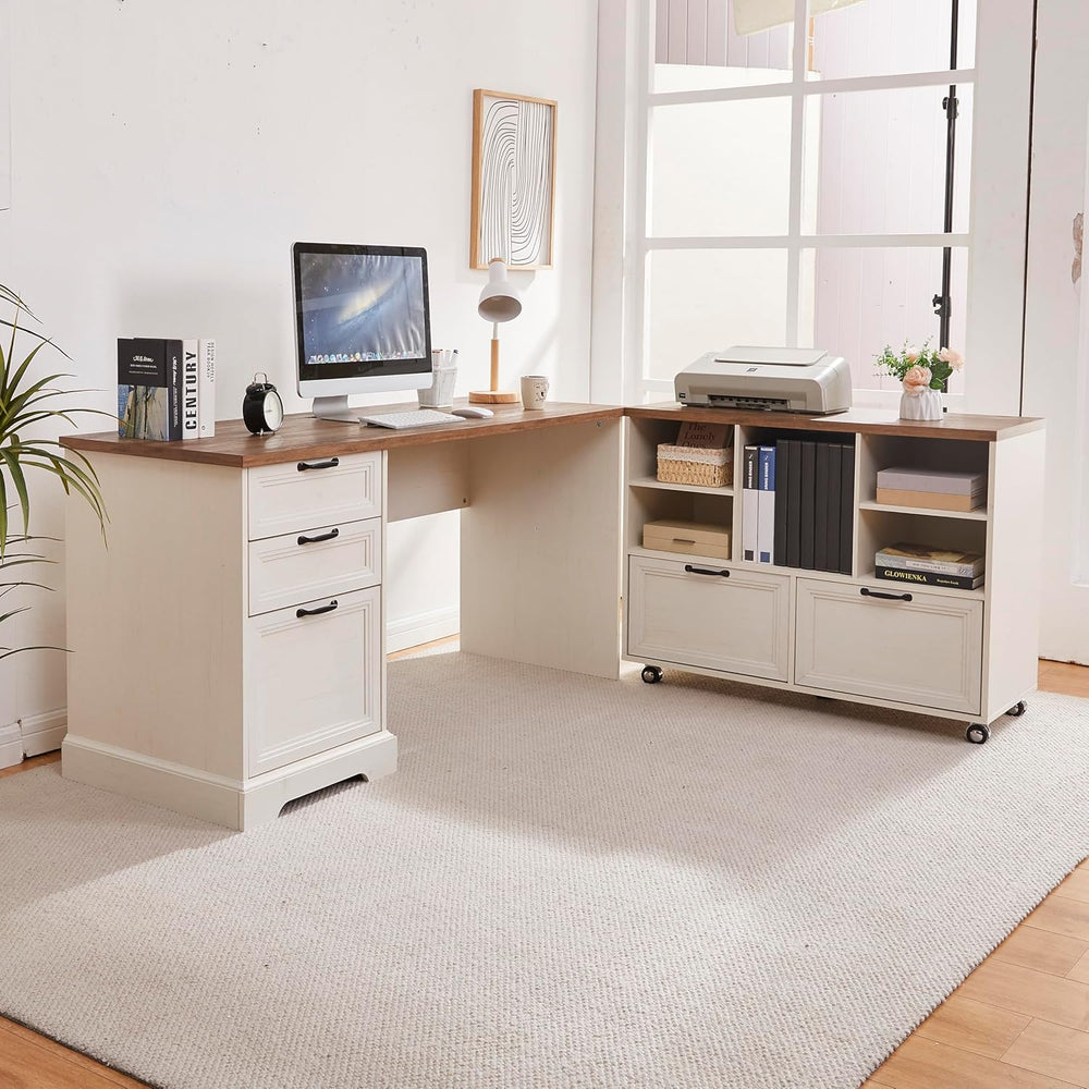 L-Shaped Executive Desk with File Cabinet and Charging Station