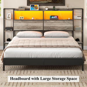 King Size Headboard with LED Lights, Charging Station & Storage Shelves