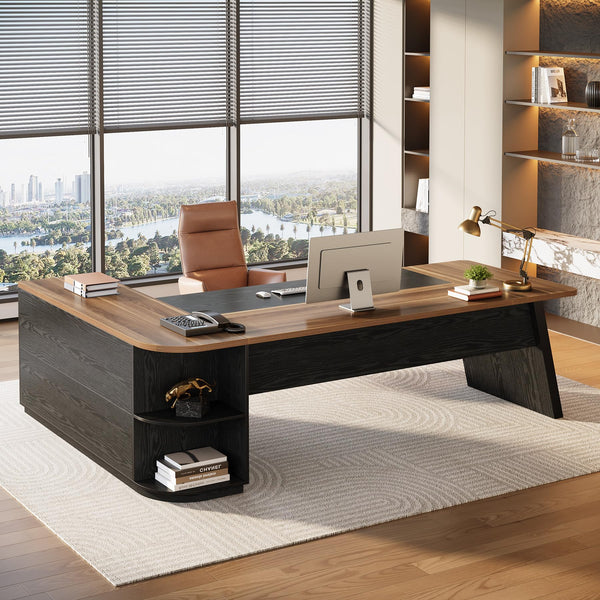 L-Shaped Executive Desk with Cabinet and Storage Shelves