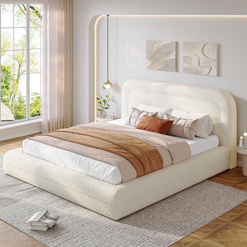 Boucle Upholstered Platform Bed Frame with Headboard