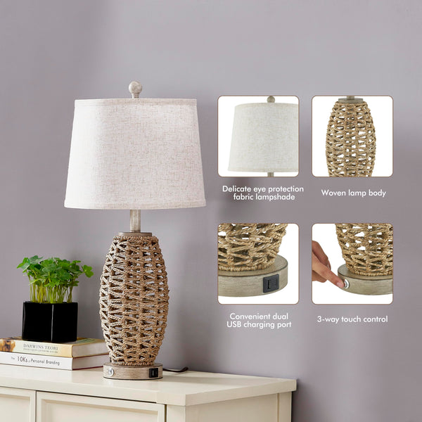Natural Rattan Table Lamps Set of 2 – Dimmable Touch Control, USB Charging, Oatmeal Shade