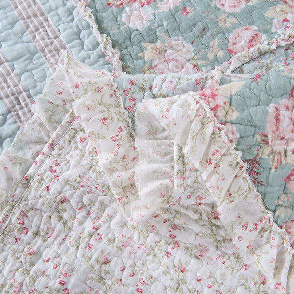 Cottage Patchwork Quilt Set – Mint Blue Pastel Floral