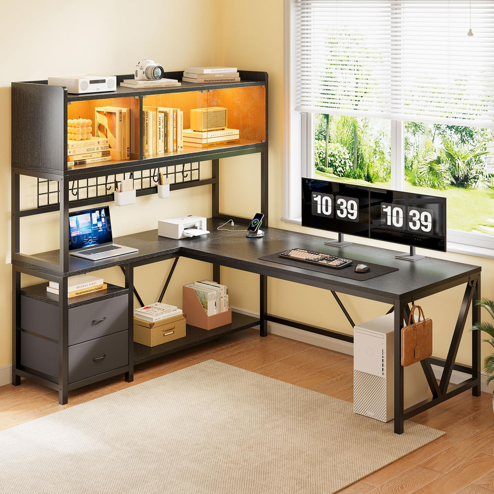 L-Shaped Gaming & Office Desk with Storage, Drawers, LED Cabinet & Power Outlet