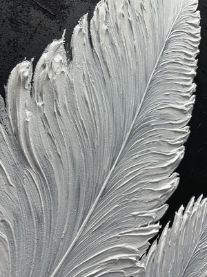 Hand-Painted Black & White Abstract Feather Oil Painting on Canvas – Framed & Ready to Hang