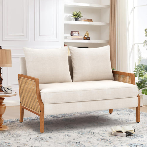 Mid-Century Modern Loveseat with Natural Rattan Arms