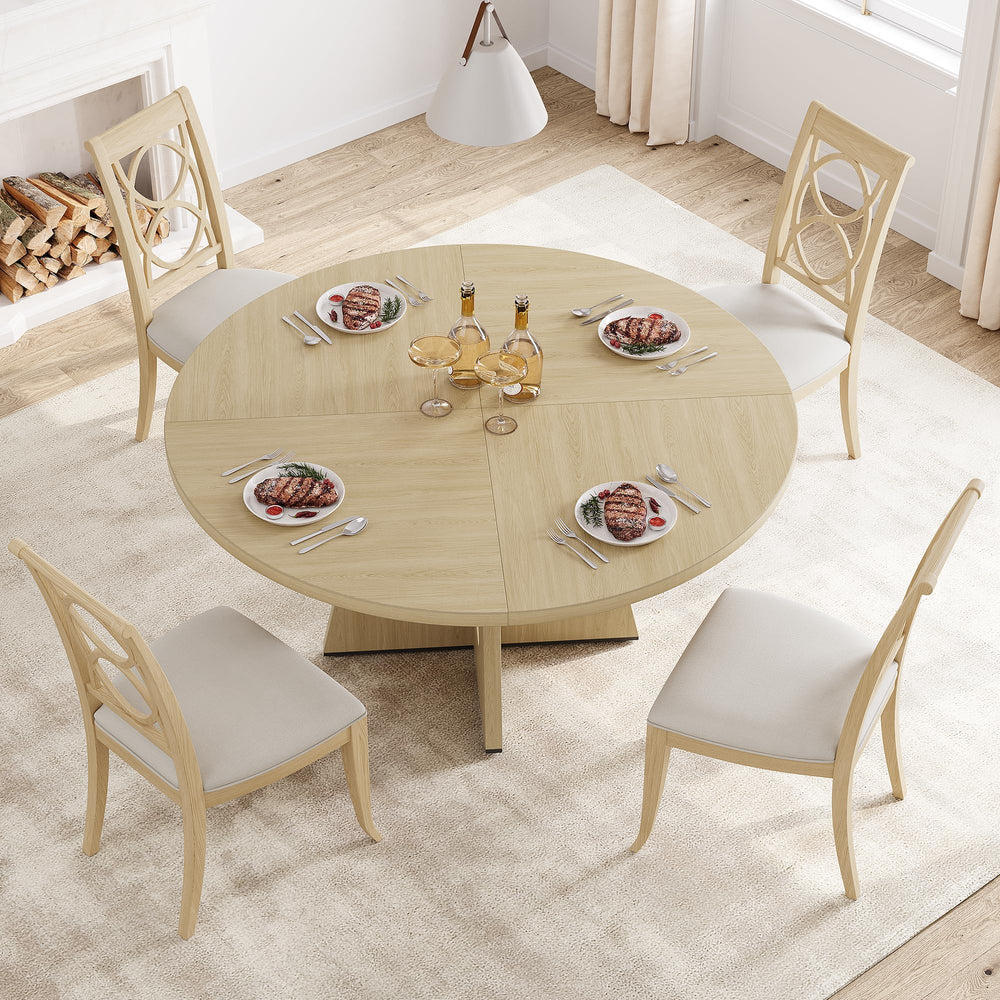 47-Inch Round Farmhouse Dining Table with Wooden Top & Pedestal Base