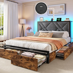 Queen Bed Frame with Storage Drawers, LED Lights & Charging Station