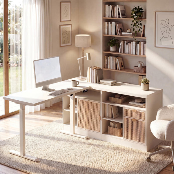 L-Shaped Electric Standing Desk with Storage & Charging Station