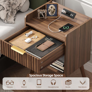 Nightstand Set of 2 with Charging Station, Drawer & RGB LED – Walnut