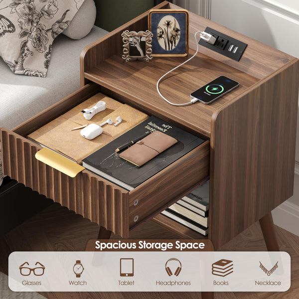 Nightstand Set of 2 with Charging Station, Drawer & RGB LED – Walnut