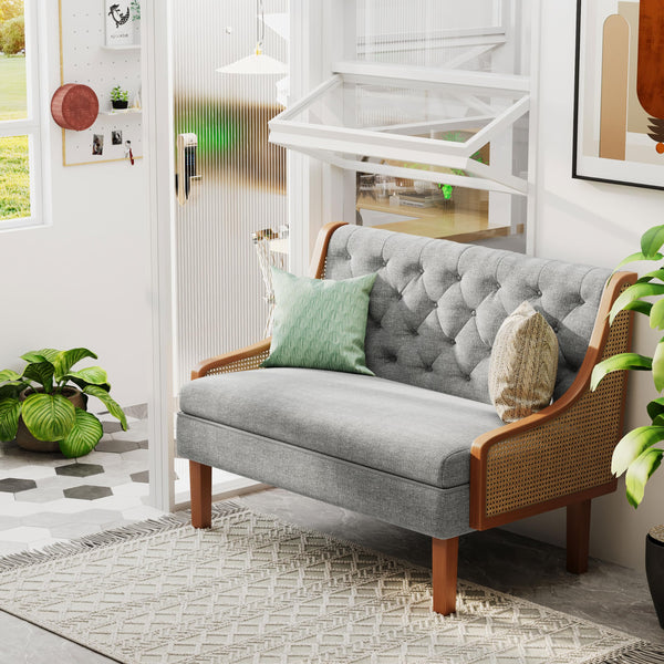 Rattan Arm Loveseat Settee – Upholstered Mid-Century Modern Bench Sofa