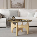 Round Coffee Table with Metal Tray Top & Wood X-Base