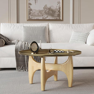 Round Coffee Table with Metal Tray Top & Wood X-Base