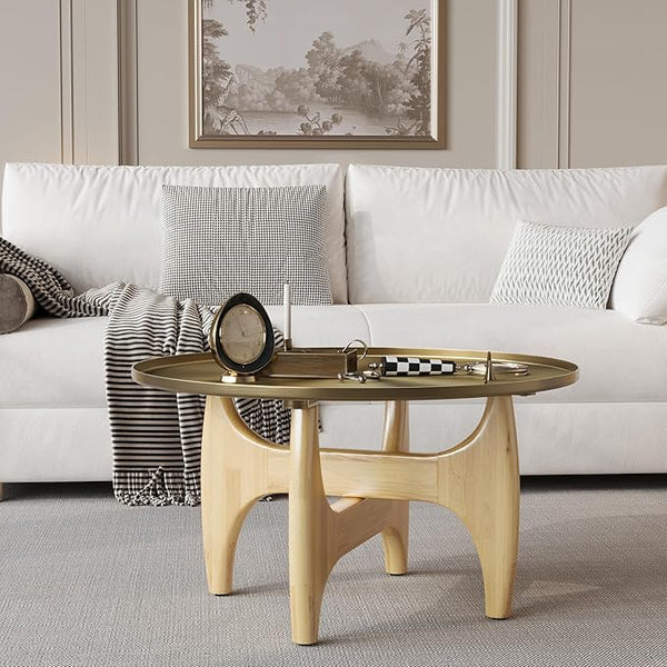 Round Coffee Table with Metal Tray Top & Wood X-Base