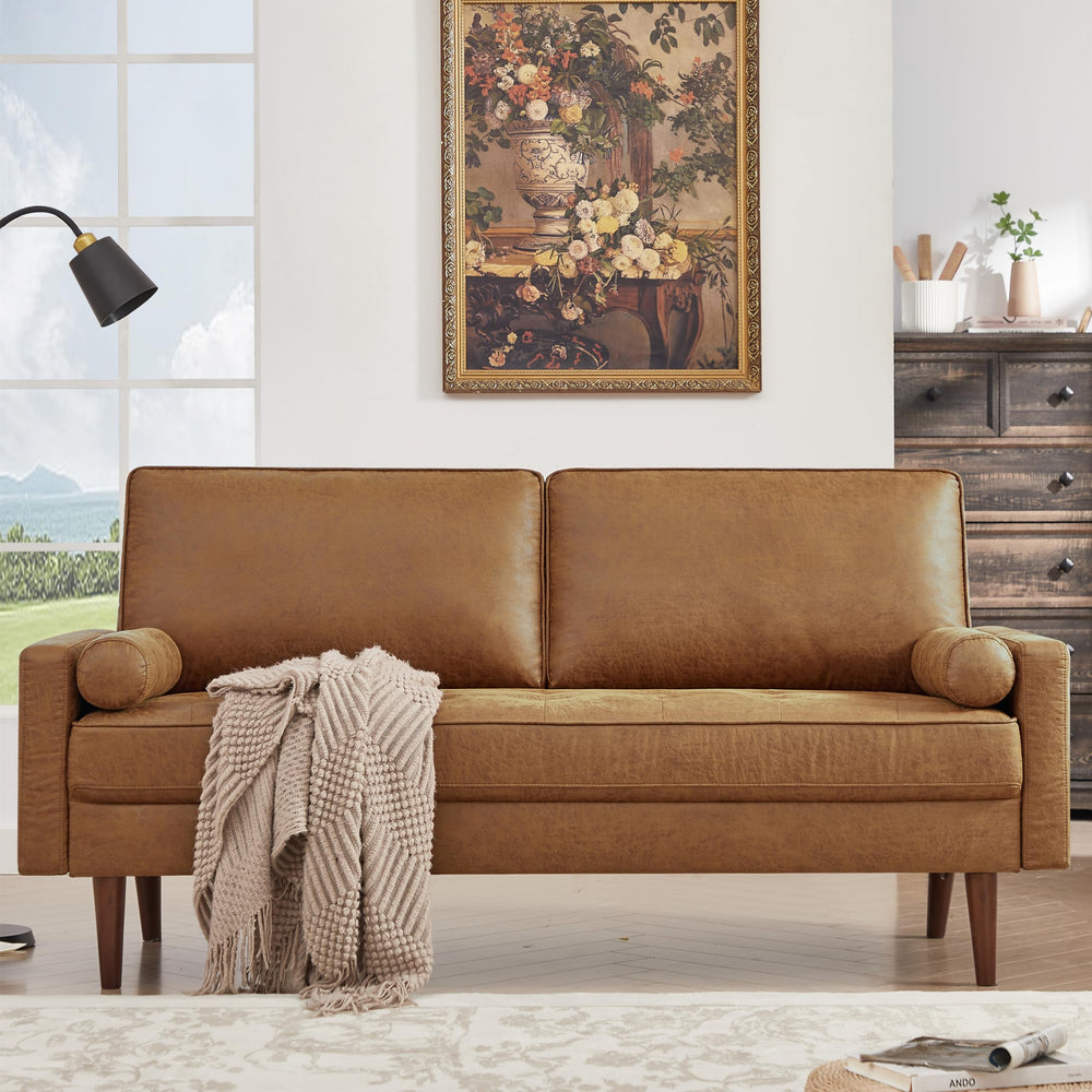 Mid-Century Modern Faux Leather Loveseat Sofa – 2-Seater, Brown