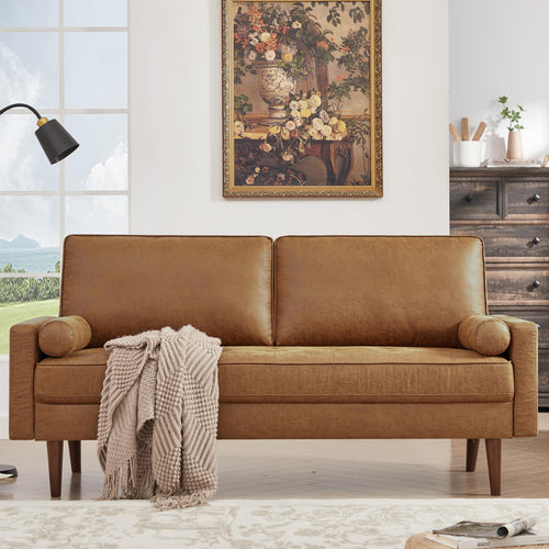 Mid-Century Modern Faux Leather Loveseat Sofa – 2-Seater, Brown