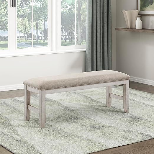 Upholstered Dining Bench with Wood Frame – Light Gray Fabric, Antique White Finish