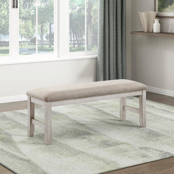 Upholstered Dining Bench with Wood Frame – Light Gray Fabric, Antique White Finish