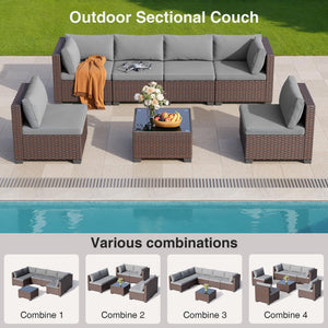 7-Piece Outdoor PE Rattan Sectional Sofa Set with Cushions & Glass Coffee Table