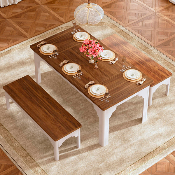 Farmhouse Dining Table Set with 2 Benches, 3-Piece, Brown & White