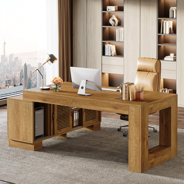 L-Shaped Executive Desk with Storage Cabinets & 2-Tier Shelf