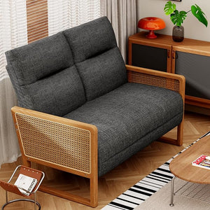 Linen Loveseat with Natural Rattan Arms & Oak Legs