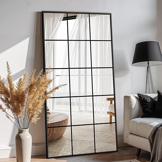 Windowpane Grid Wall Mirror – Black Metal Frame