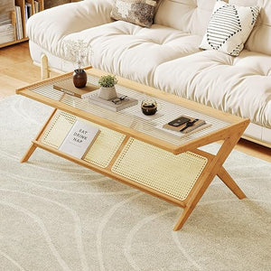 Bamboo Glass Top Coffee Table with Rattan Shelf
