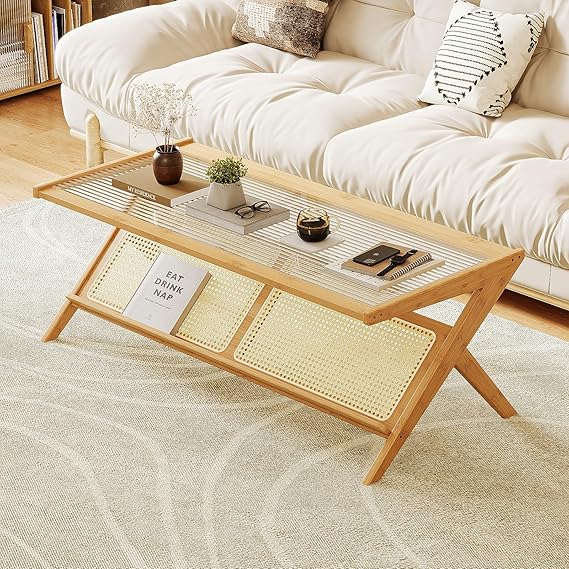 Bamboo Glass Top Coffee Table with Rattan Shelf