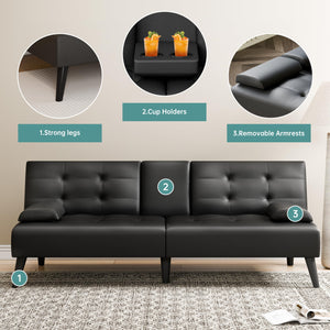 64" Futon Sofa Bed Convertible Loveseat with Cup Holders & Adjustable Angles – PU Leather Black