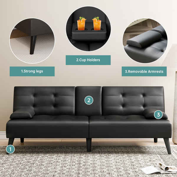 64" Futon Sofa Bed Convertible Loveseat with Cup Holders & Adjustable Angles – PU Leather Black