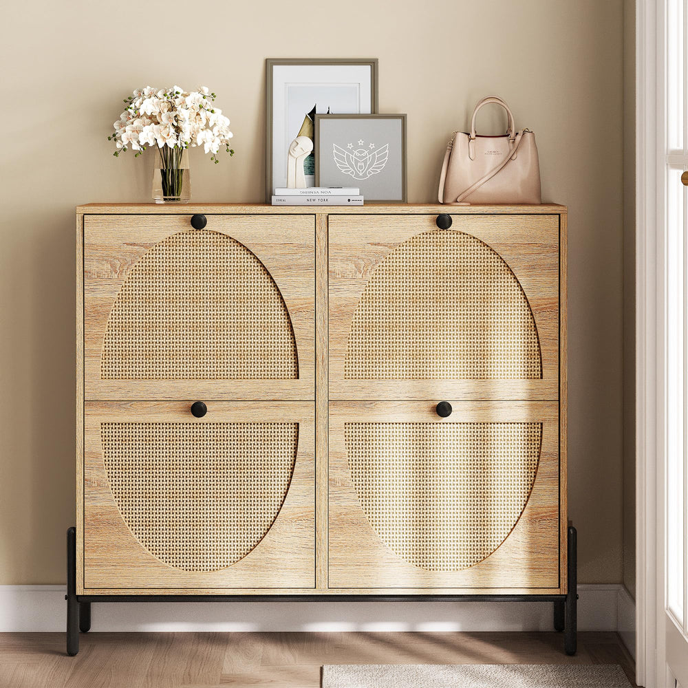 Rattan Shoe Cabinet with 4 Flip Drawers