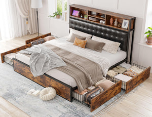 Queen Bed Frame with Storage Drawers & Charging Station