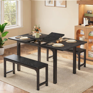 Extendable Dining Table Set with Bench for 4–6 | Smart-Flip Leaf | Metal Frame | Black