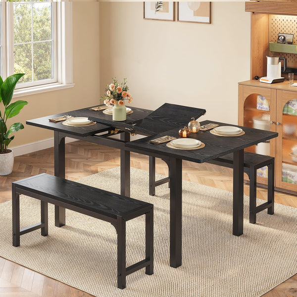 Extendable Dining Table Set with Bench for 4–6 | Smart-Flip Leaf | Metal Frame | Black