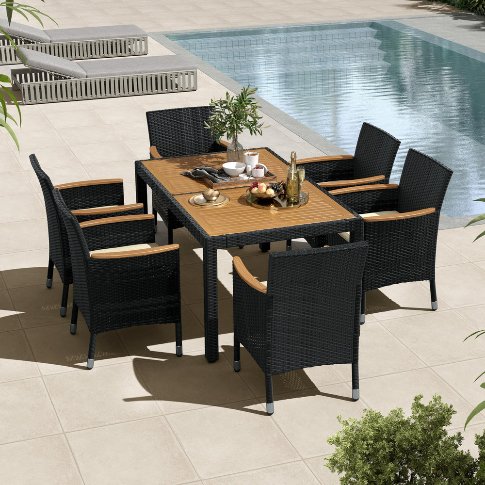 7-Piece Outdoor Rattan Dining Set with Acacia Wood Table & Cushioned Chairs