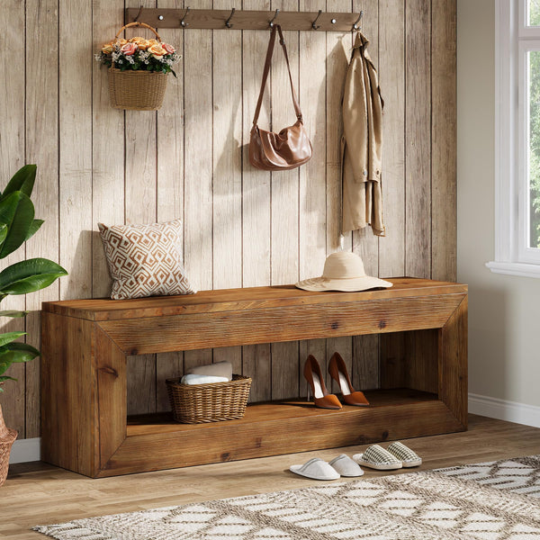 Solid Wood Entryway Bench with Storage Shelf