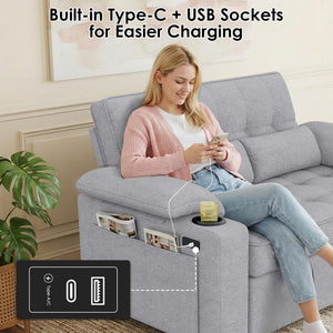 58" Convertible Sofa Bed with USB Charger & Cup Holders – Teddy Fabric Loveseat
