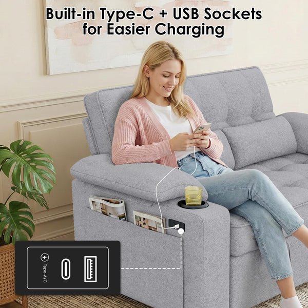 58" Convertible Sofa Bed with USB Charger & Cup Holders – Teddy Fabric Loveseat