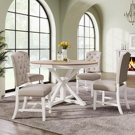 5-Piece Farmhouse Extendable Round Dining Table & Chair Set with Shelf