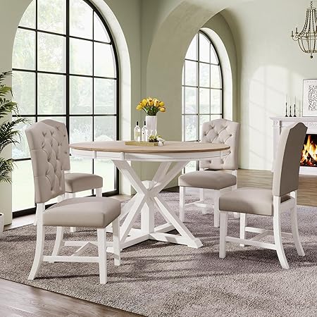 5-Piece Extendable Round Dining Table Set with 4 Upholstered Chairs