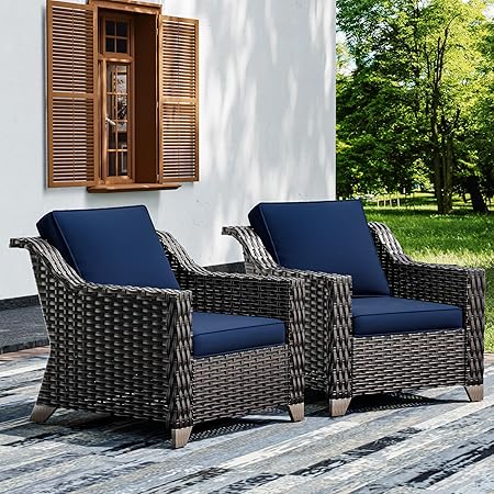 Outdoor Wicker Patio Chairs Set of 2 with Thick Cushions