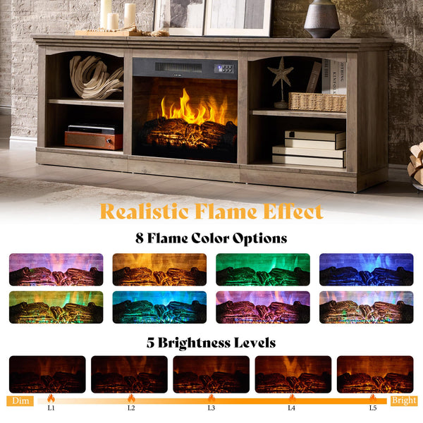 70" Fireplace TV Stand with Open Shelves – Rustic Grey